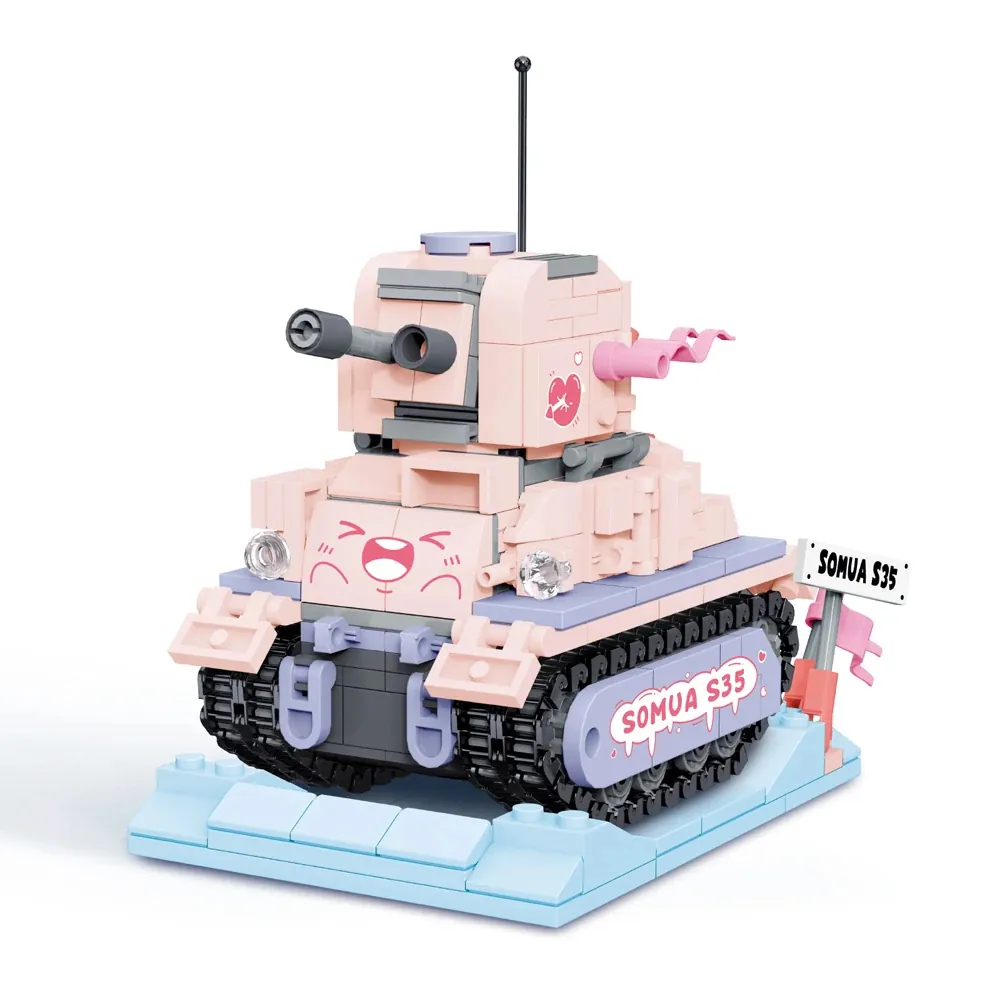 A pink and purple toy tank with a cartoon face and a sign that reads "SOMUA S35" sits on a light blue base.