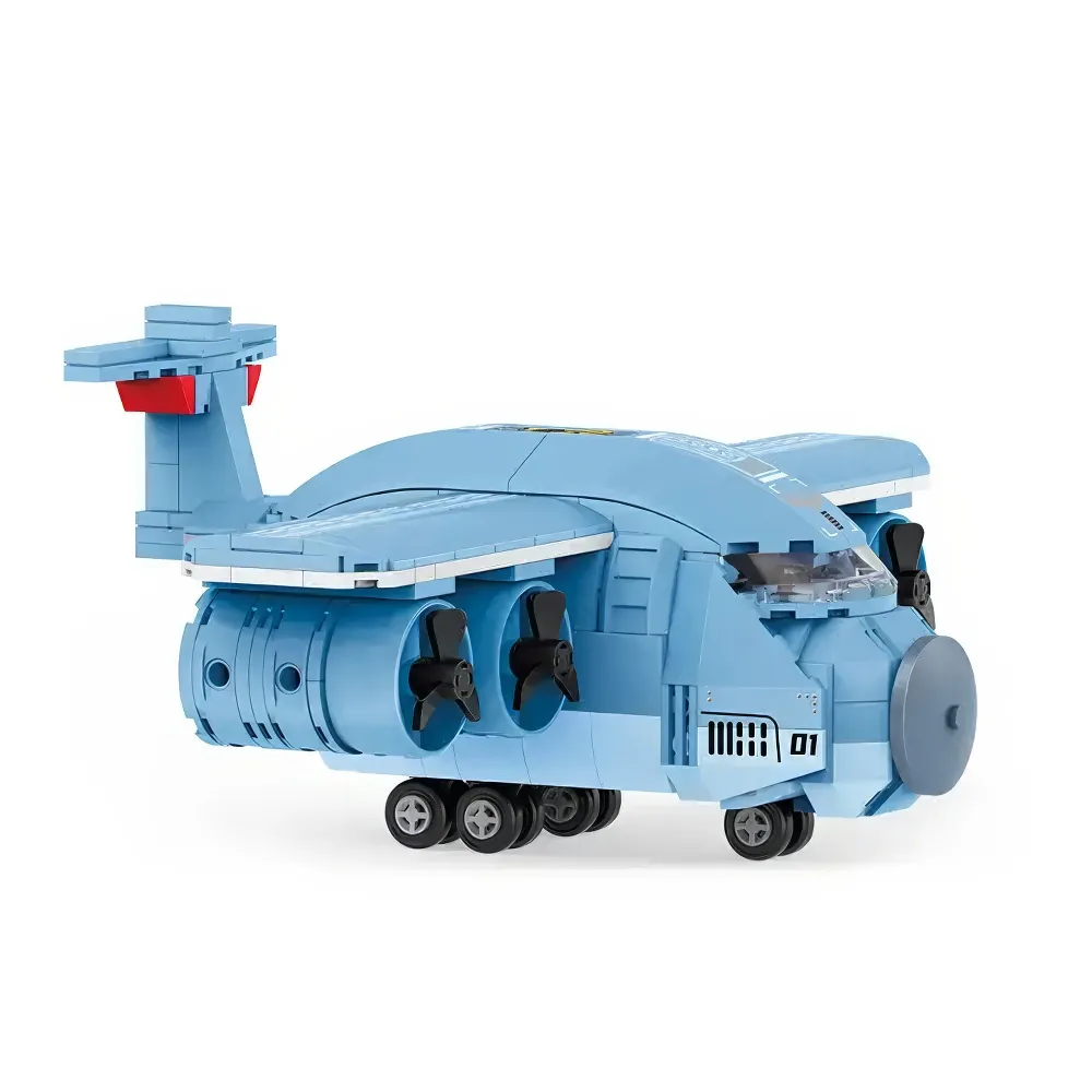 A light blue toy airplane with multiple propellers and wheels.